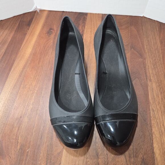 CROCS Black Patent Cap Toe Wedge Platforms High Heels Shoes Womens Sz 10 - Picture 11 of 13